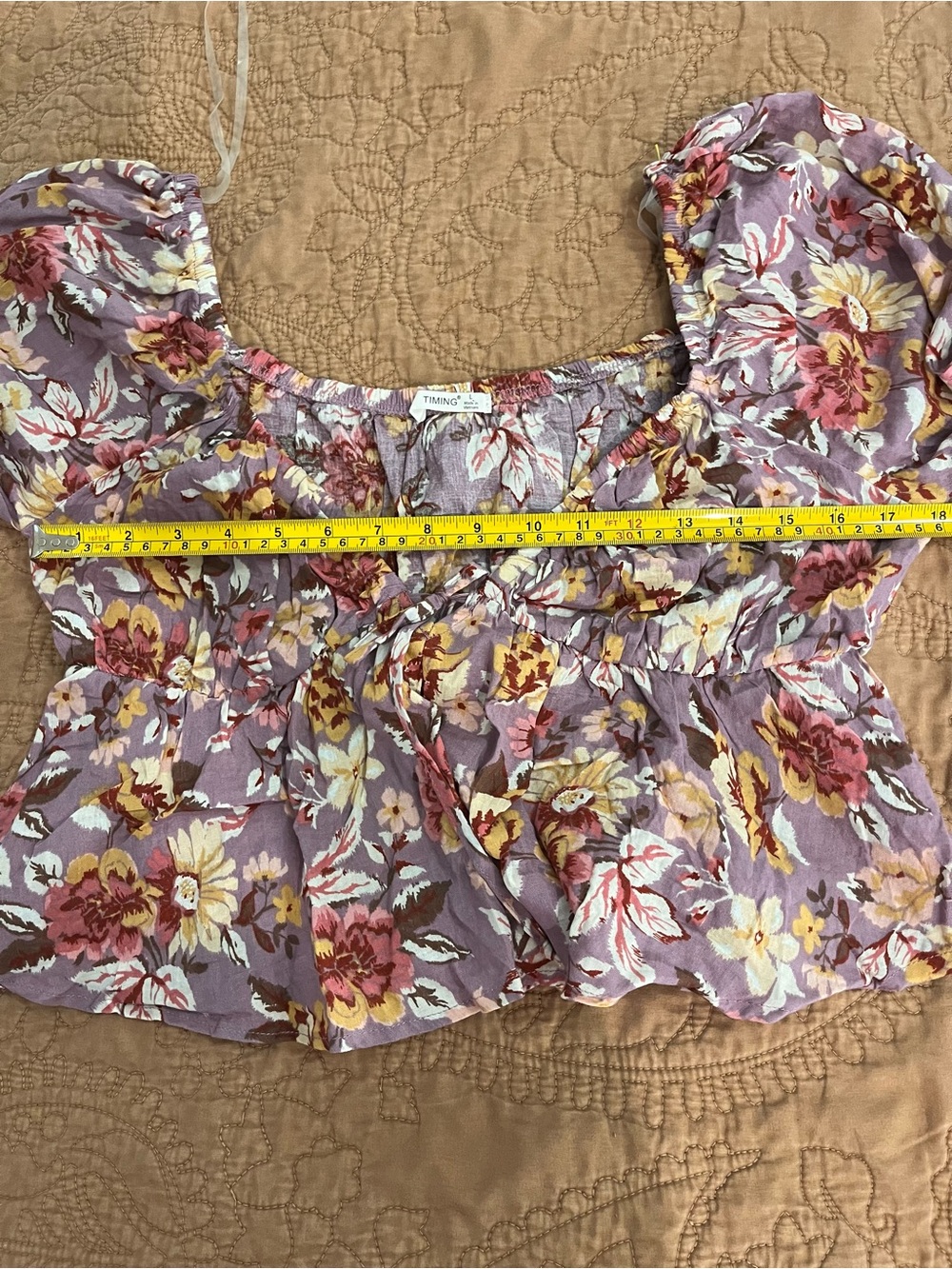 Floral Peasant Top in Lavender Crop Babydoll Peplum Y2K Tie Front Puff Sleeve - Picture 7 of 9